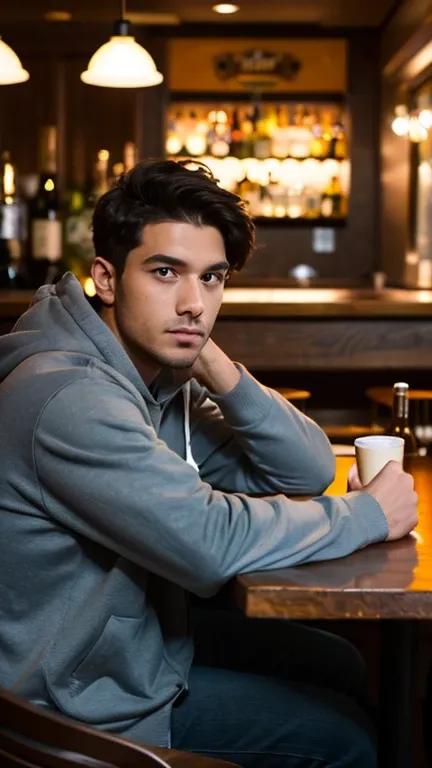 A view of a man ,  wearing hoodie jacket,  sitting at a bar table with a dslr camera on the table, Next to him sits a female figure with a mysterious stare.