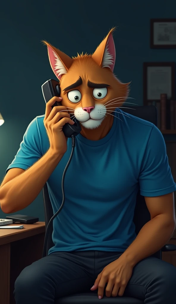 An anthropomorphic male cat, Nizar, with blue T-shirt and black trousers, holding a phone to his ear with a worried expression. He’s seated at a desk, the room around him is dimly lit, with his hand shaking slightly as he listens to the call."
