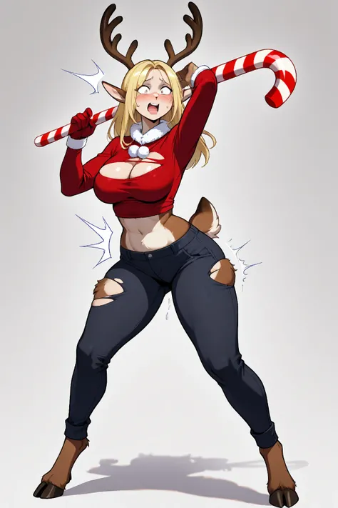 a sexy female Christmas elf is masturbating with a magical candy cane and being transformed into a female reindeer. ripped clothing, large breasts, furry, deer ears, deer tail, deer antlers, deer fur, deer hooves, surprised expression, rape face