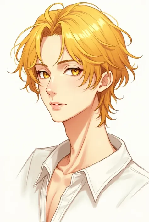 Anime A golden-haired man with shiny golden eyes, pale white skin with a warm smile, white background, full body is a Sketch image.