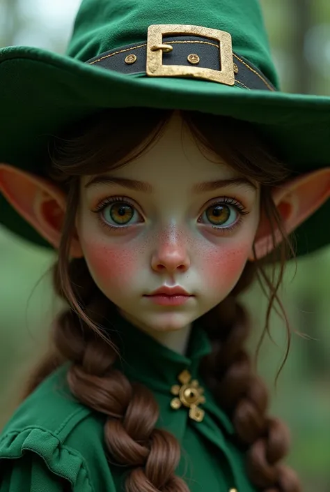  face of a leprechaun from the front, very small and curved nose,  aspect of an adult woman,  brown eyes,  glowing eyes,  expression of hope , elf hat , hat with the tip dropped backwards,  Elf Ears,  in the Magic Forest, The moonlight shines between the l...