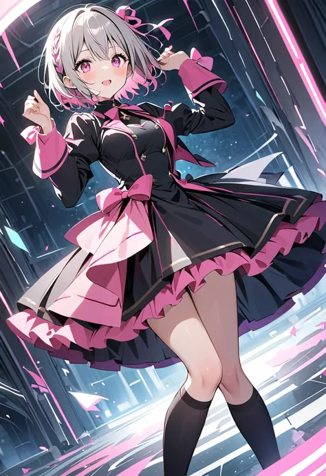  black costume、 black dress 、Gray Hair、Gray Hairに毛先はピンク、 black long sleeve dress ロングスカート、  pink ribbon がついたblack knee high socks、  pink ribbon 、  Idol Costume、White medium hair with pink tips 、Pink hair with pink tips、Black long sleeve dress 、Beautiful Abs...