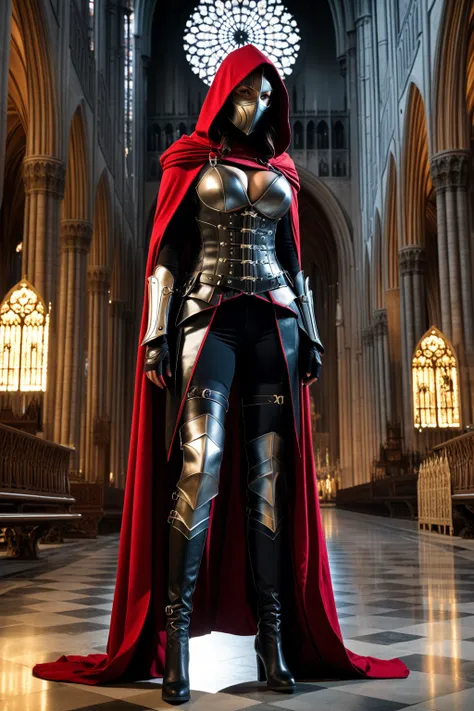 A mysterious female warrior, wearing a black and red hooded cloak, An iron mask on her face, and a dark, form-fitting armored outfit. She wearing An iron gauntlet adorned with intricate metalwork. Her attire includes a waist belt with silver buckles, a lon...