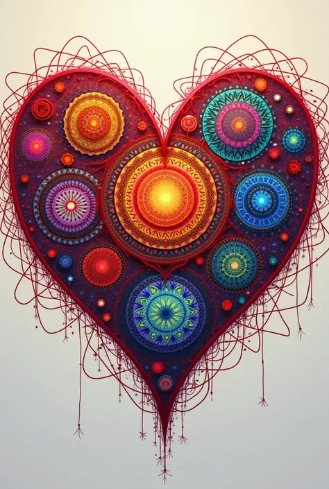 Create a heart that inside has different colored mandalas in different sizes and are surrounded and supported by a network of lines that cross and cross them in red..