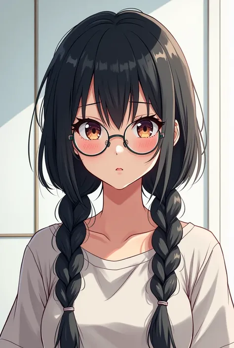 A dark-haired girl with two braids, round glasses, ,  in modern clothing , And with an expression tsundere, with a manga style 