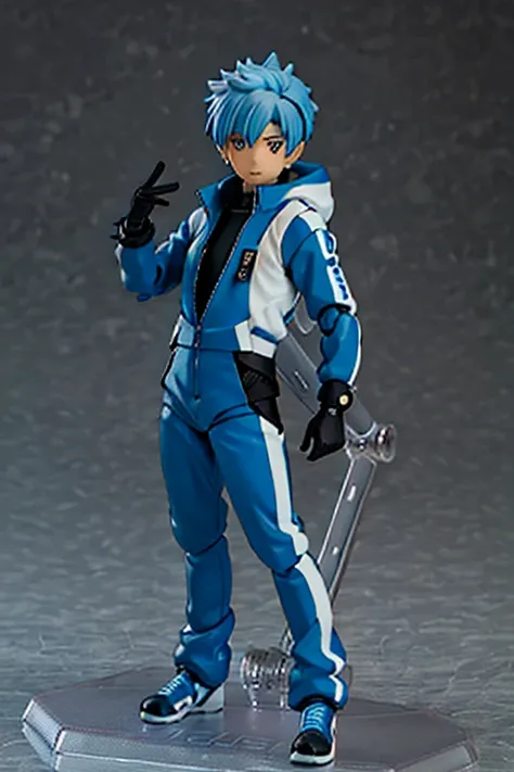 A figurine of a male idol with spiky blue hair and brown eyes wearing a futuristic jumpsuit with gloves