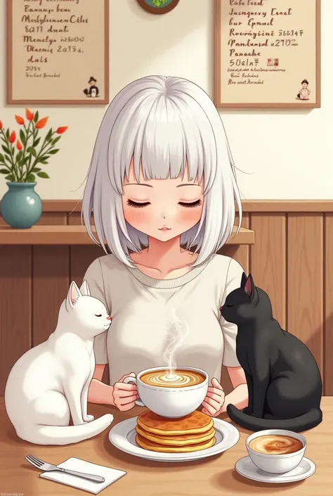  handwritten style、Cafe、 coffee、Pancakes、White-haired girl with bob、White cat、Black Cat