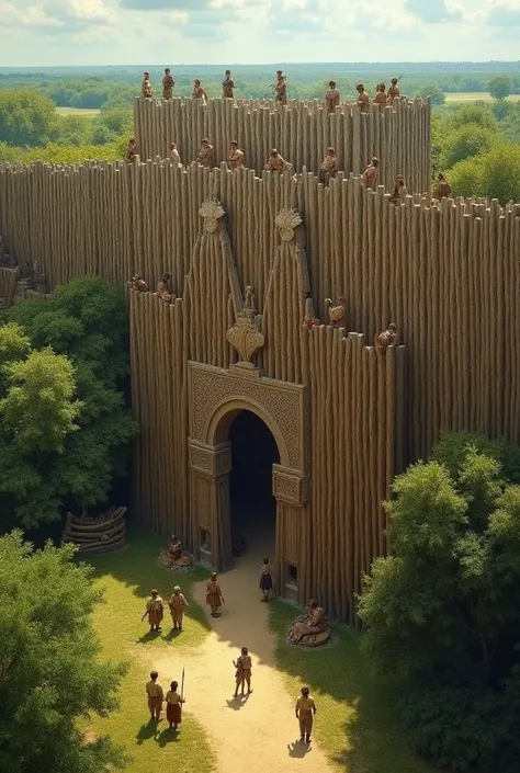 Cahokia's Palisade Wall
"A massive wooden wall surrounding the central part of the city. Guards stand watch atop the wall, while villagers pass through a gate below. The wall is adorned with carvings and symbols, and the surrounding landscape is lush and g...