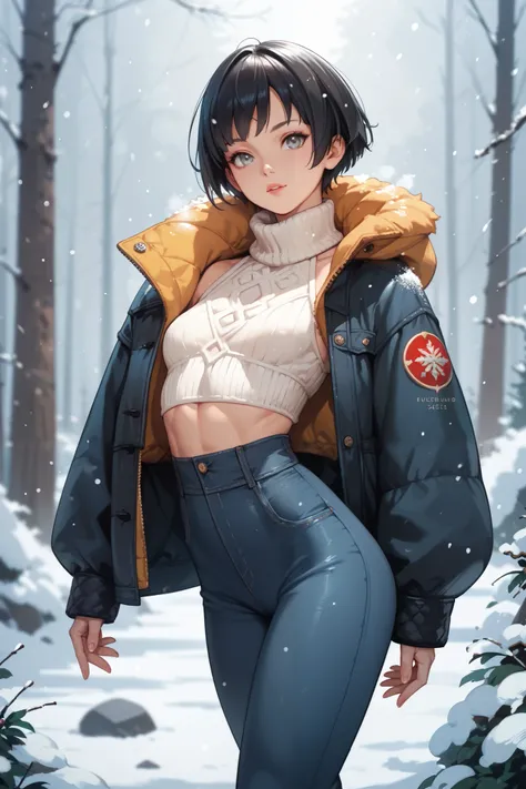 skinny girl,  grey eyes,  short hair,  black hair,  very small breasts,  skinny legs,  wide hips, street style , In the forest, winter, jacket, high waist pants, snowfall