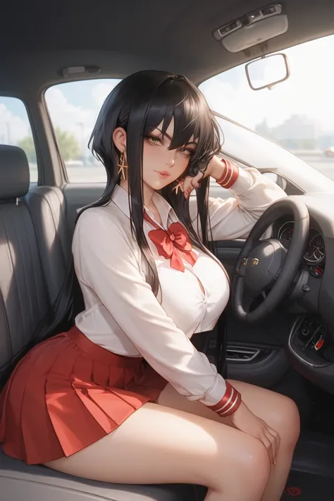 anime girl in highschool uniform, red skirt. hair is semi short, black hair, eyes is fierce and the look is fierce but beautiful. siting on the hood of a car, the background is like hood. high quality with a huge bulldog on the side of the car