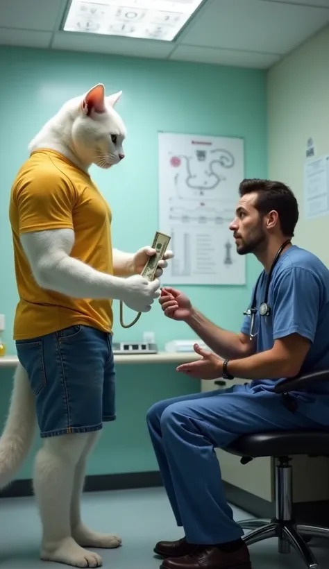 Inside the doctor’s office, the white muscular bodybuilder cat, wearing a yellow t-shirt and blue jean shorts, stands in front of the doctor’s desk. The doctor, dressed in scrubs, is seated, looking up at the muscular cat with a professional yet understand...