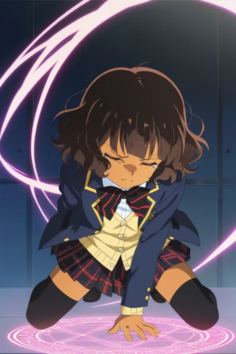 masterpiece, best quality, score_9, score_8_up, score_7_up, score_6_up, score_5_up, score_4_up, source_anime, 1girl, wavy hair, short hair, dark brown hair, brown eyes, straight bangs, brown skin,black ribbon,red diagonal-striped bow, blazer, open blazer, ...