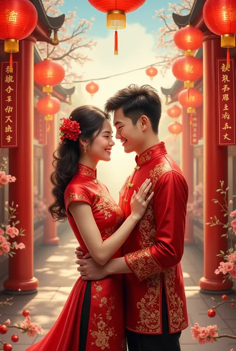 Portrait painting of young couple Asia man and woman wear shoes, wears traditional Chinese attire (Cheongsam and Changshan) against a vibrant Lunar New Year backdrop, complete with red lanterns, golden decorations and a majestic lion dance. They lovingly e...