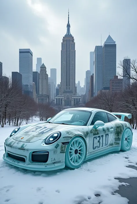 A porshe car made of ice , with number 371,  dohd made of paper dollar bills,  behind New York City  