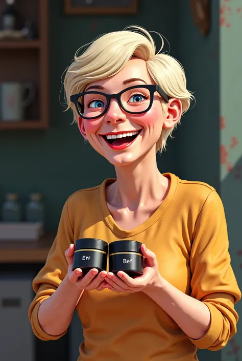  Woman 60 years old.  Blond hair  .  very short hair. Thin frame glasses . low fullness . laughs.  Offers skin cream in small black round jars