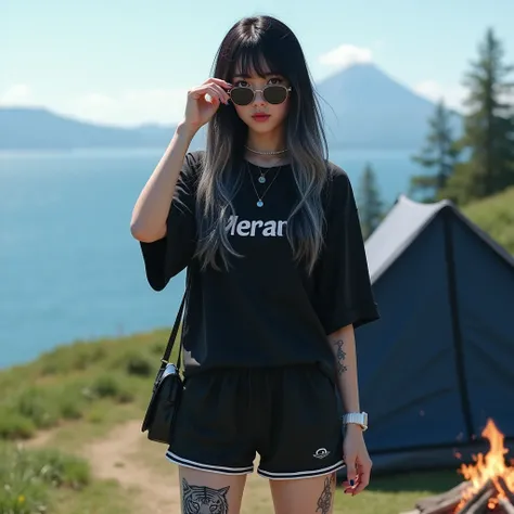 5D realistic original photo.a long-haired Japanese girl dyed deep black and there was a mixture of light white, wearing intense sunglasses,black and written werna oversize t-shirt,, myla,, behind his shirt with a big,and wear a black bag,wears black elodie...