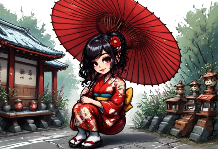 A Japanese monster called a monster cat. Long, curly black hair. Carrying a Japanese umbrella. Wearing a crimson Japanese kimono that reaches down to the ankles. Drawn in the style of American comics. Super high resolution, super detailed, super high quali...