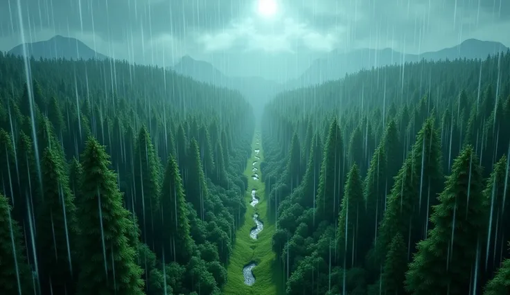 Heavy rain in the forest view from sky in 3d Pixar's Disney animation