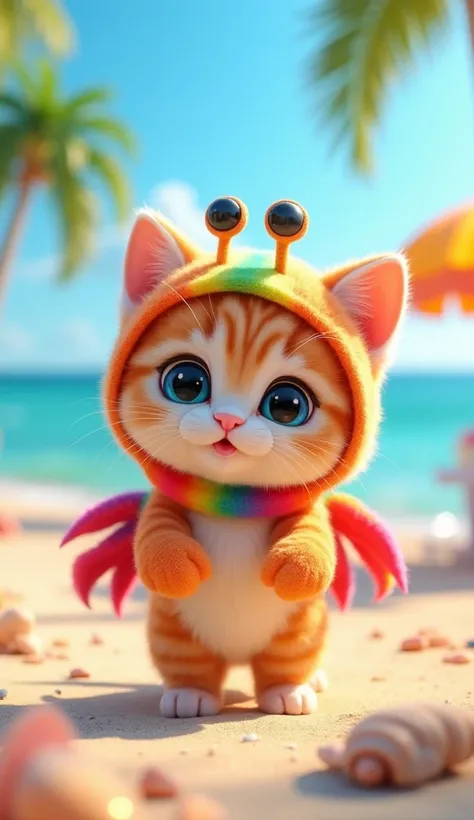  cute kitten、 stand upright on two legs、Wear a cute rainbow-colored crab costume、colorful and cute beach background 、3d、 8k、 animation