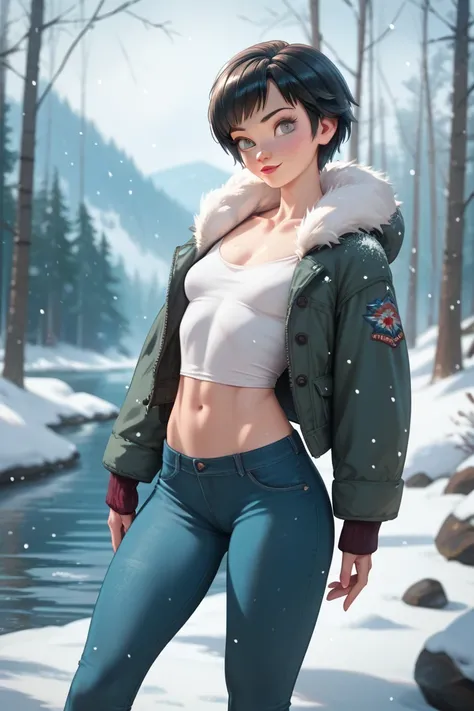 skinny girl,  grey eyes,  short hair,  black hair,  very small breasts,  skinny legs,  wide hips, street style , In the forest, winter, jacket,  high-waisted pants, heavy snowfall,  frozen lake 