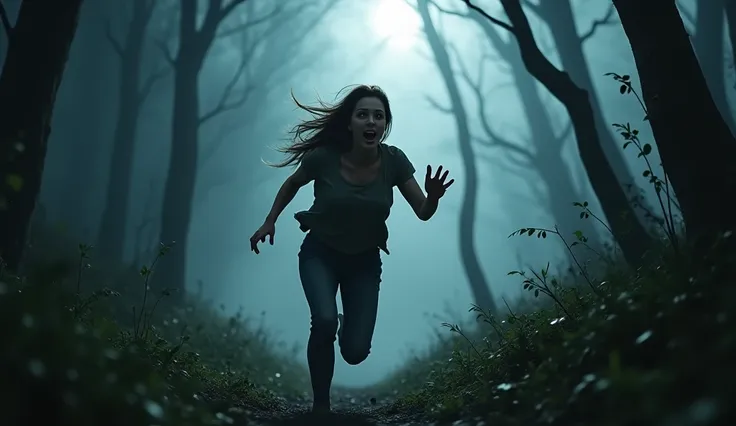 A terrified woman running through a dark, foggy forest, (best quality,4k,8k,highres,masterpiece:1.2),ultra-detailed,(realistic,photorealistic,photo-realistic:1.37),HDR,UHD,studio lighting,ultra-fine painting,sharp focus,physically-based rendering,extreme d...