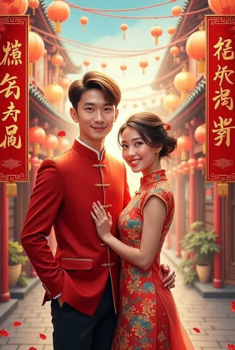 Portrait painting of young couple Asia man and woman wear shoes, wears traditional Chinese attire (Cheongsam and Changshan) against a vibrant Lunar New Year backdrop, complete with red lanterns, golden decorations and a majestic lion dance. Look at the cam...