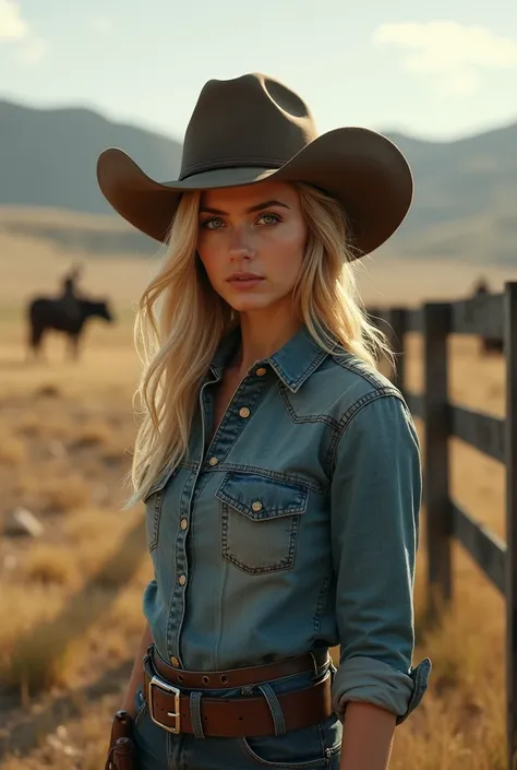 23-year-old female character with half-blond hair wearing a cowboy hat on a ranch