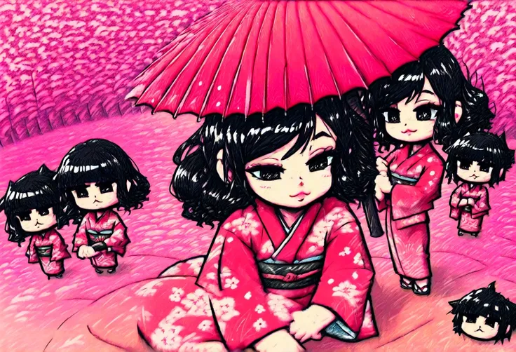 Japanese cat. Long, curly black hair. Holding a Japanese umbrella. Wearing a crimson Japanese kimono that reaches down to the ankles. Drawn in American comic book style. Super high resolution, super detailed, super high quality, super precise. Deformed cha...