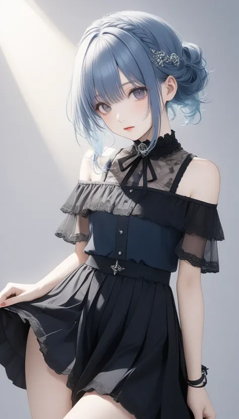  ONE CUTE -OLD GIRL ,Young Face、 slim figure、 thin legs、８Head to Body、((Beautiful light dark blue hair ))、( inner color)、((Grown up hairstyle))、((Fashionable off-the-shoulder gothic clothing))、 lens flare,Natural colors,  high resolution ,  very delicate ,...