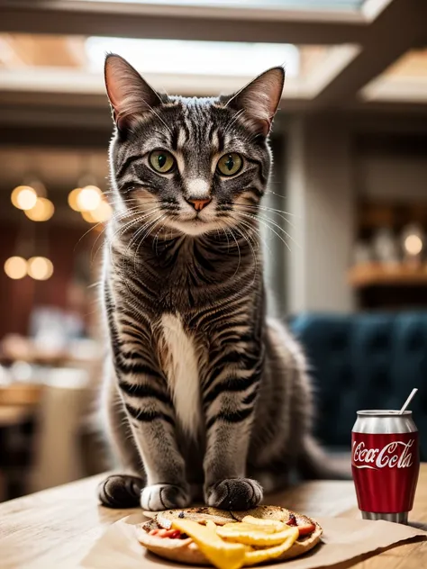 a close-up portrait of a grey cat at restaurant having a giant burguer and a glass of Coca-Cola, detailed fur, intricate whiskers, intense eyes, soft lighting, realistic, photorealistic, high quality, 8k, best quality, ultra-detailed, professional, vivid c...