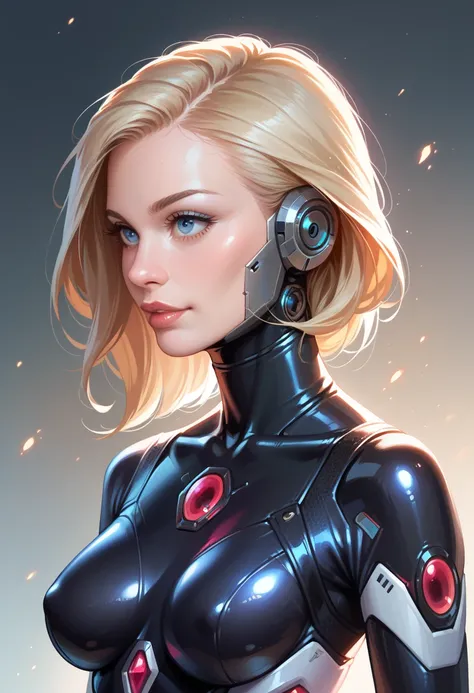 1girl, breasts, solo, bodysuit, science_fiction, medium_breasts, realistic, robot, upper_body, black_bodysuit