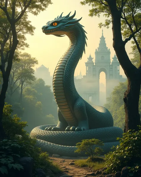 great cobra statue in forest, in a background there are great city, mist, morning light, realistic, mythology