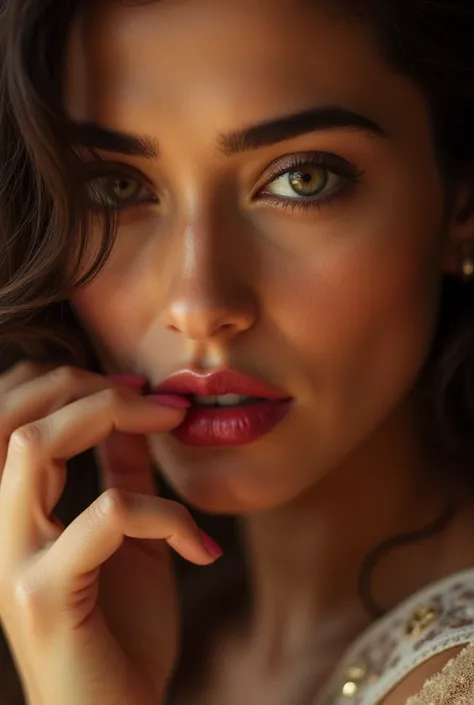 Ana de Armas , A close-up of the face licking her lips, a romantic seductive look 