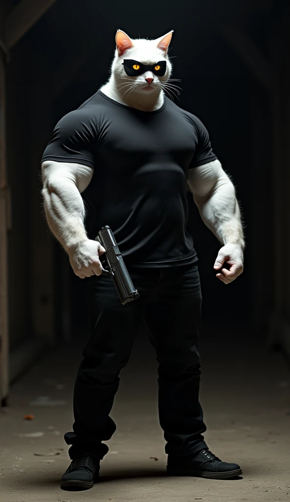 Outside in a dark, quiet environment, the white muscular cat, wearing a black t-shirt, black pants, and a black mask, stands tall and confident. His powerful, muscular frame is clearly visible as he grips a pistol tightly in his hand, his stance ready for ...