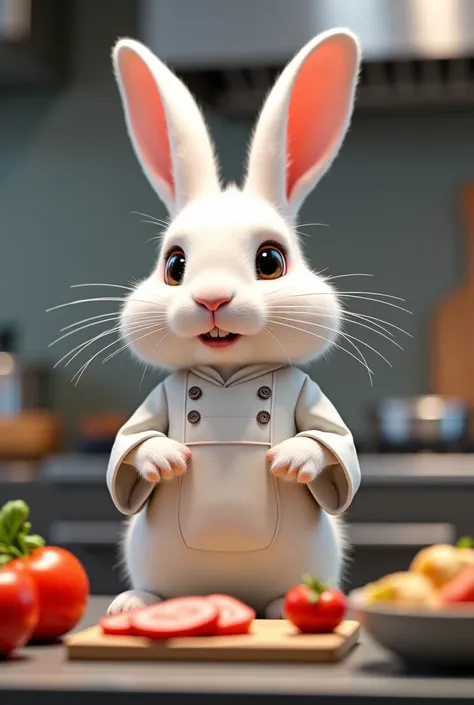 A white bunny cocking the food in a kitchen in chef's dress