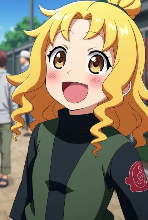 Boruto screenshot 
Blonde girl laughing, long curly hair, brown eyes , And black men's clothing,marked with the village of the leaf 
