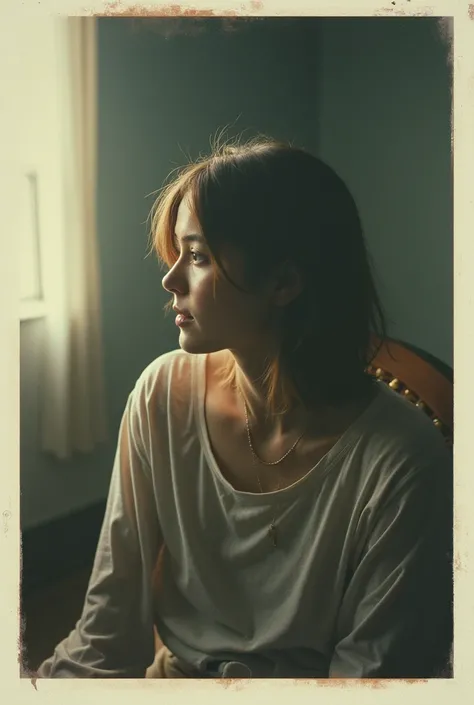 Morning Light atmosphere, hair over one eye, sitting on a chair, Polaroid style, analog film, grain, raw 