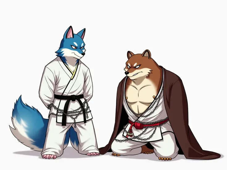 multiple, duo focus, 2characters, 1fox 1bear, BREAK, 
anime, furry, bara, male, muscle, taekwondo_fox, blue fur with white accent, (white_martial_arts_uniform, long_sleeves, long_pants, black V-neck collar, black martial art belt:1.4), (brown long cape aro...