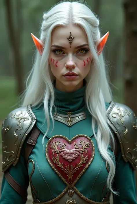 An elf woman stands in full face in armor on which the symbol of the hearth is, she has white hair and yellow eyes, , the forehead part of the cheek and the upper lip of the face has a light burgundy hue and the texture of mint fabric 