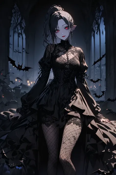  high resolution,Bats, Humanization,大きな牙背中からBatsのはね,,woman, slender, gothic dress,Lace Material, anatomically correct, moonlight , natural light,Ancient City