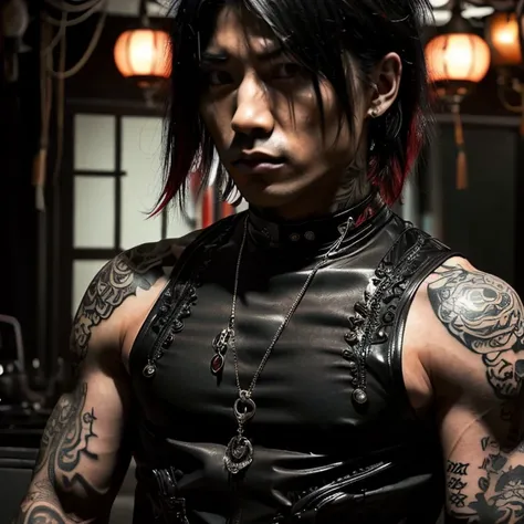 1 man, Japanese man, male, Asian eyes, muscular, broad shoulders, yakuza tattoos, hairstyle Visual Kei style, hair Visual Kei, black men's shirt and black pants, ultra detailed face and eyes, hyperrealistic, realistic representation, long hair, long hair, ...