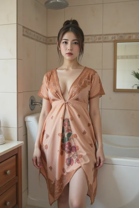 (RAW) high resolution photo,   best quality  .  realistic .
  beautiful Asian woman , hair in a tie  , wearing Indonesian negligee. visible breasts. Standing in the toilet room.