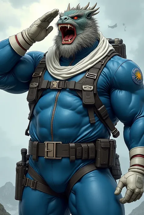 (A rugged beefy extremely muscular bulky snarling  grey-bearded chinese dragon), (wearing blue fully-zipped fullbody wetsuit), saluting, wearing bulky harness, wearing bulky scuba gear, wearing white hero scarf, muscular physique, toned muscles, fierce, he...