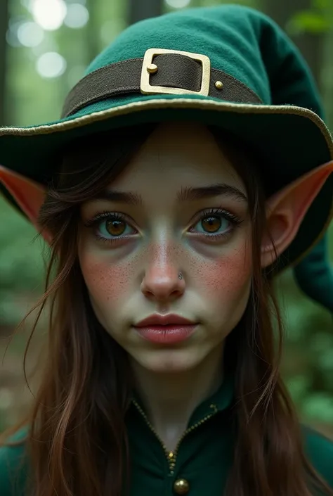 Face of a leprechaun from the front, very small and curved nose,  aspect of an adult woman,  brown eyes,  glowing eyes,  shy expression , elf hat , hat with the tip dropped backwards,  Elf Ears, In the magic forest at night, The moonlight shines between th...