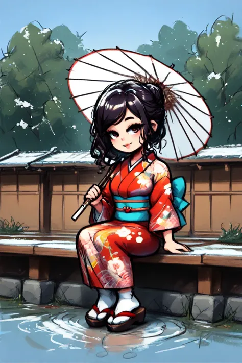 An old Japanese woman. Short, curly black hair. She is holding a Japanese umbrella. She is wearing a crimson Japanese kimono that reaches down to her ankles. Full-body American comic book style drawing. Super high resolution, super detailed, super high qua...