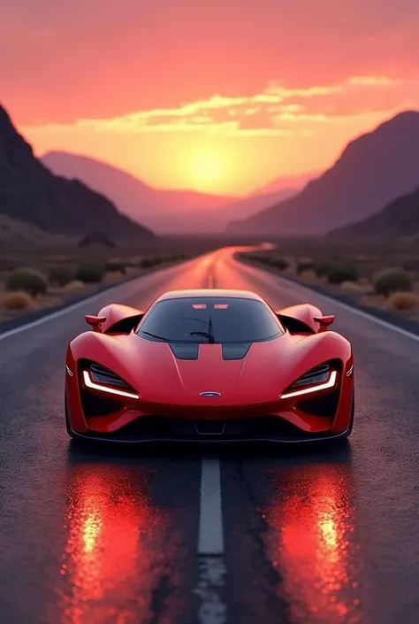  Description for MidJourney :**
" An impressive bright red futuristic sports car ,  with matte black details ,  located in the center of a deserted and sinuous road . The car has aerodynamic lines ,  surround LED lights and modern design alloy wheels .  Th...