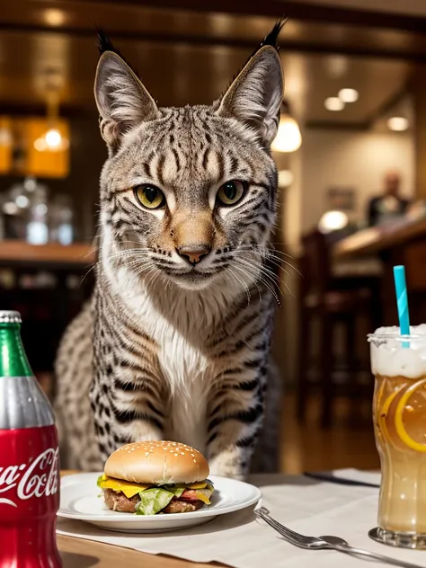 a close-up portrait of a lynx at restaurant having a giant burguer and a glass of Coca-Cola, detailed fur, intricate whiskers, intense eyes, soft lighting, realistic, photorealistic, high quality, 8k, best quality, ultra-detailed, professional, vivid color...