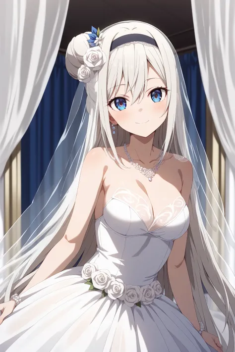 masterpiece,best quality,{{detailed beautiful face and eyes}}, very detailed background,
Shirogane Kei,{{{megami magazine}}},long hair,white hair,hair over shoulder,hair between eyes,black hairband,blue eyes,medium breasts,
1girl,hairstyle: (wedding bun:1....