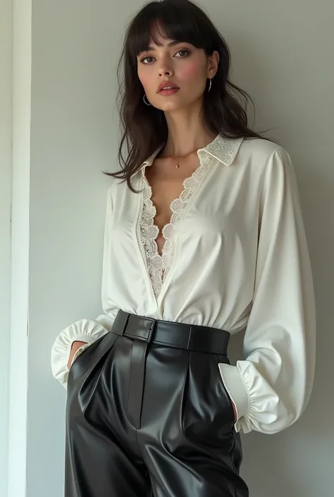  27-year-old woman with a square in a white blouse with a lace collar,  fitted at the waist and wide at the sleeves , tucked into black leather pants ,  erotic