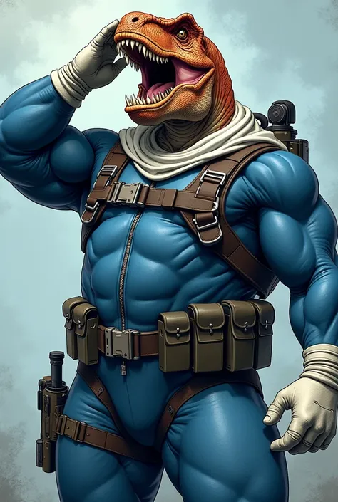 (A rugged beefy extremely muscular bulky snarling  tyrannosaurus), (wearing blue fully-zipped fullbody wetsuit), saluting, wearing bulky harness, wearing bulky scuba gear, wearing white hero scarf, muscular physique, toned muscles, fierce, heroic, action, ...